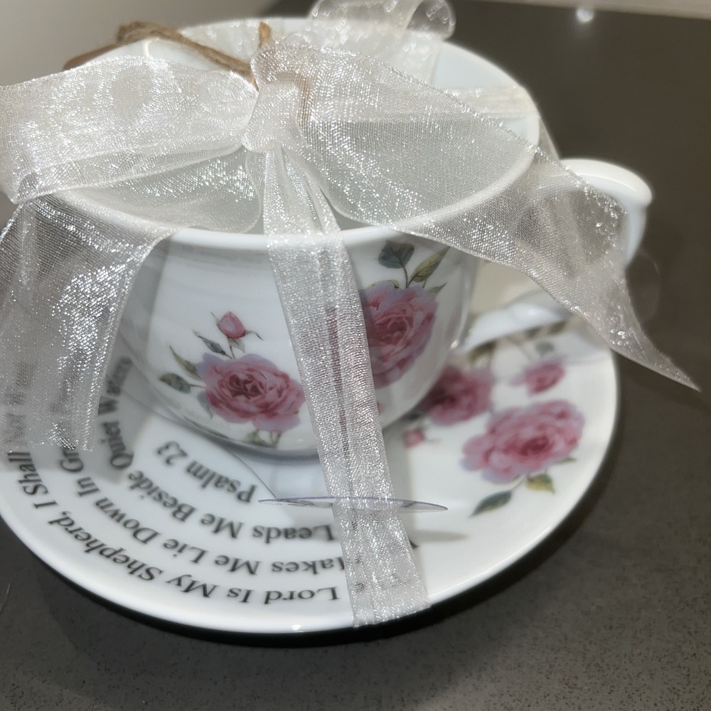 NEW KENT Pottery Lord Scripture PSALM 23 Rose Coffee Tea Cup & Saucer Floral